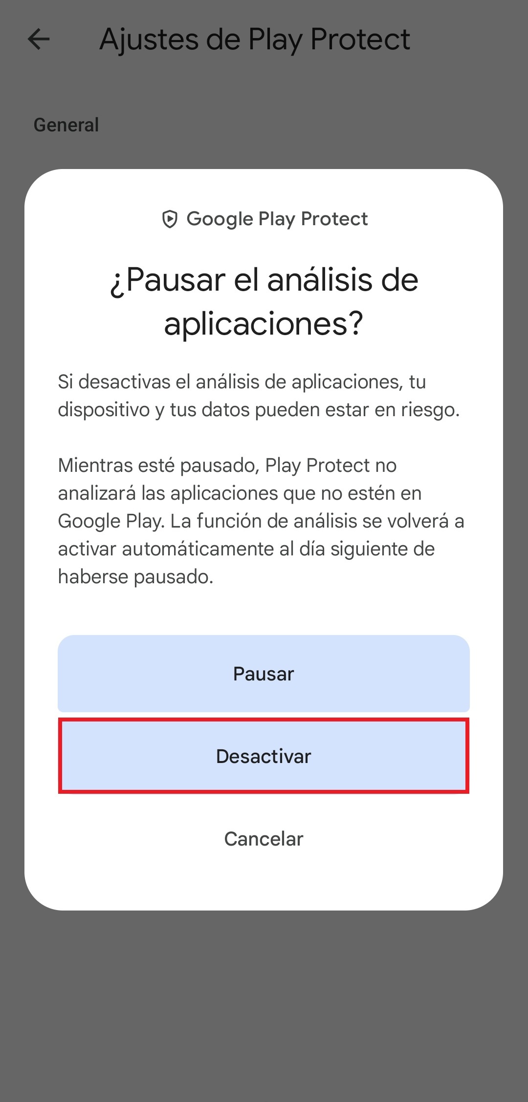 GOMremotoPlayStoreAbrirTresPuntosPlayProtectEngranajeAnalizarDesactivar