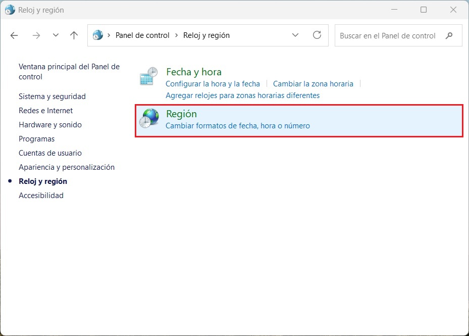 S F Error Punto y Coma Inicio Panel de Control Reloj y Region Region