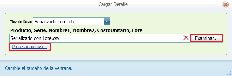 Ingreso con Costo Masivo Serializado con Lote Procesar