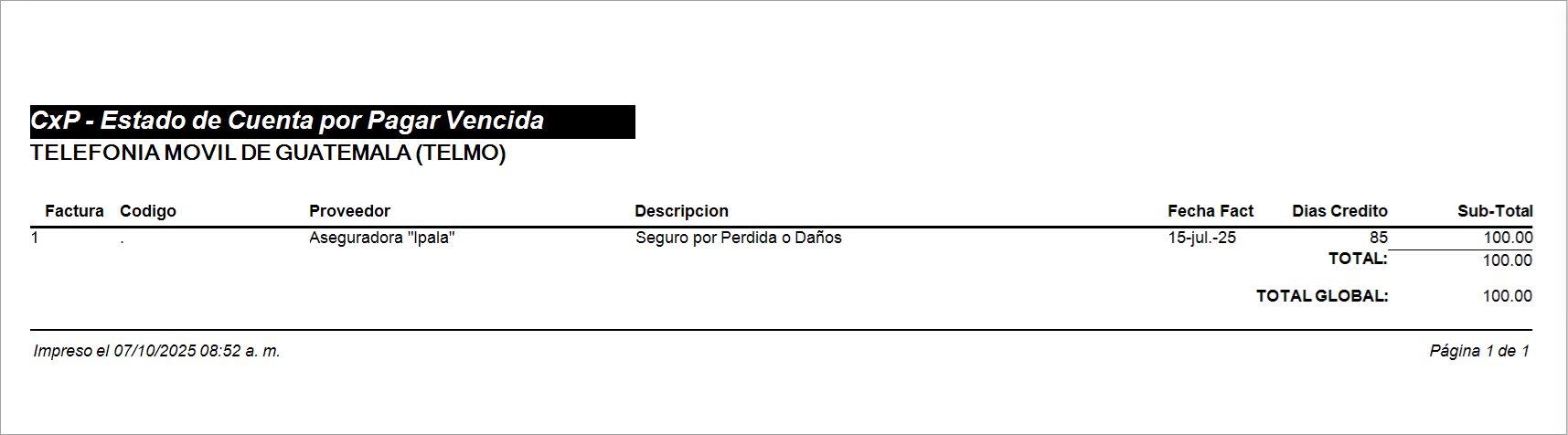 Reporte Estandar Cuentas por Pagar Impreso