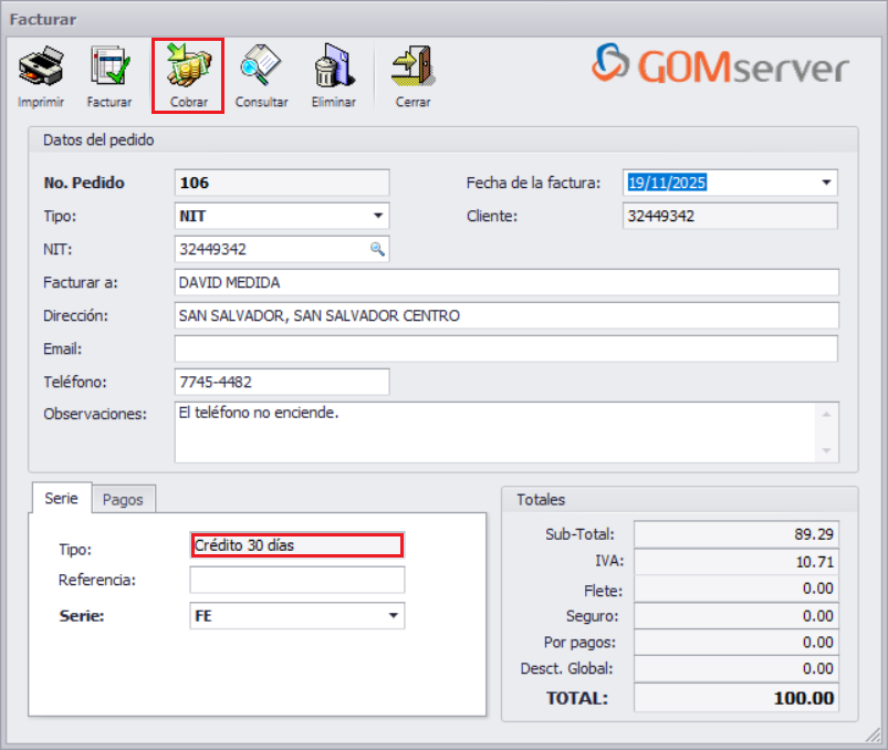 GOMserver Windows Servicio Ordenes Trabajadas Cobrar