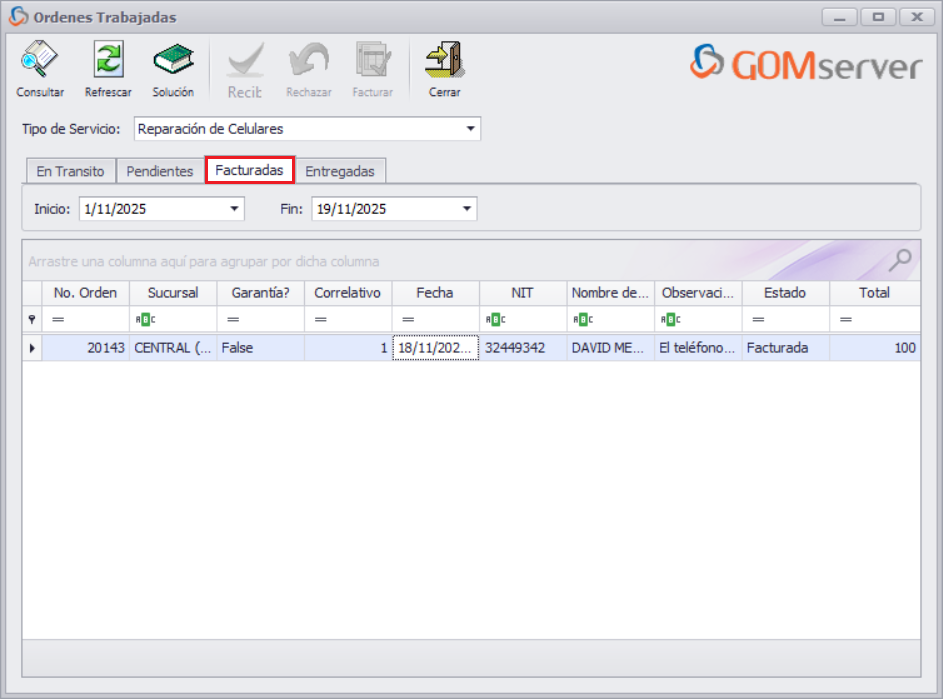 GOMserver Windows Servicio Ordenes Trabajadas Facturadas