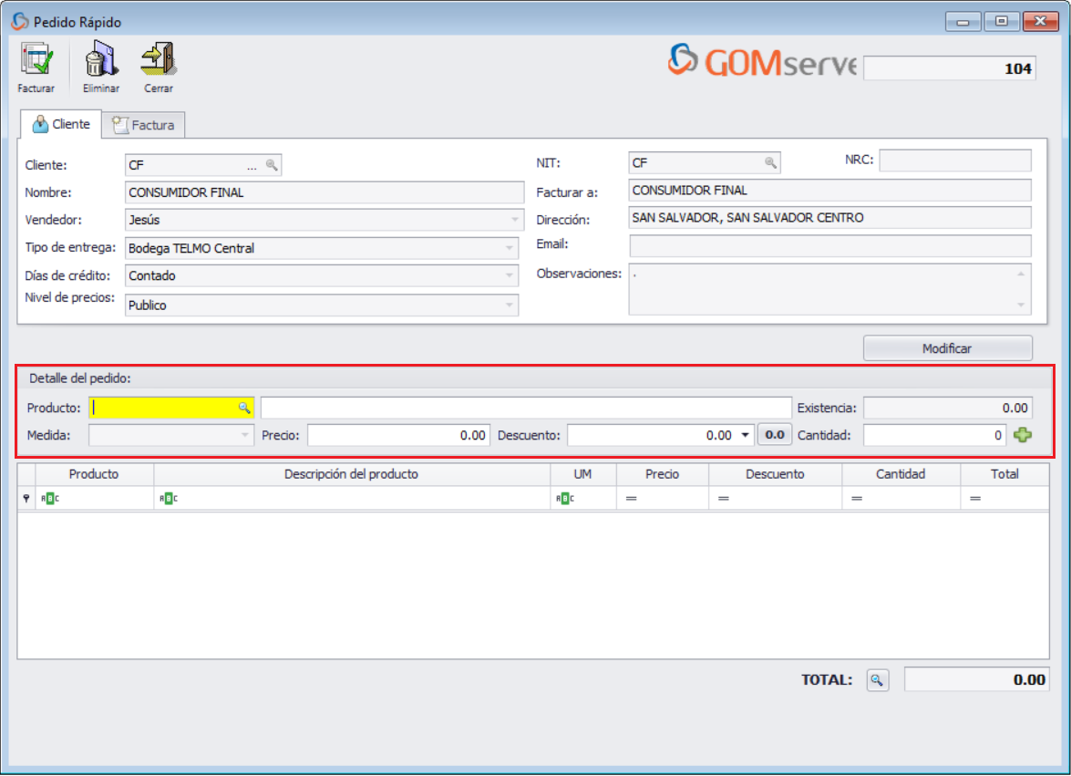 GOMserver Windows Factura Rapida Pedido Detalle