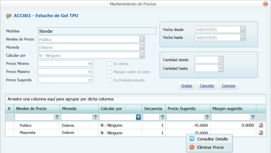 Ventana Precio Mayorista Eliminar