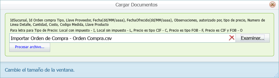 Compra Ordenes Importar Ventana