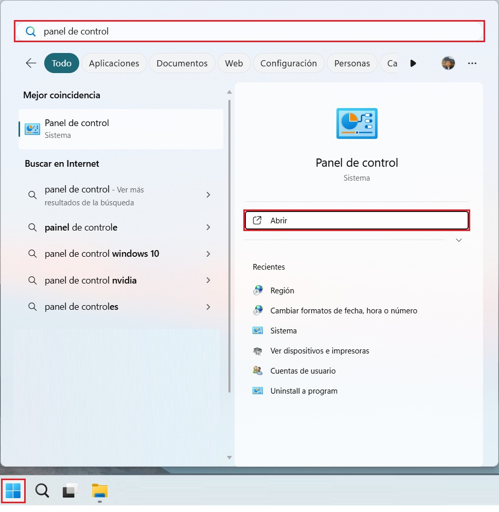 S F Error Punto y Coma Inicio Panel de Control
