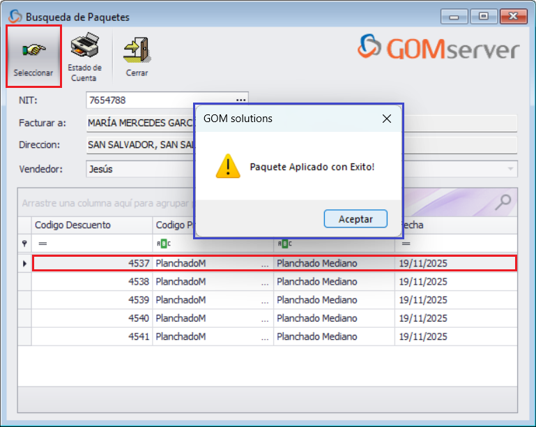 Facturacion Paquete Ventana Seleccionar