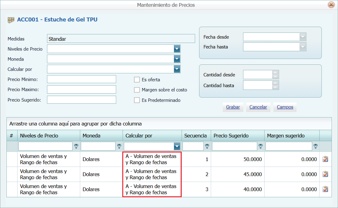 Productos Calcular Por Rango y Volumen Lleno