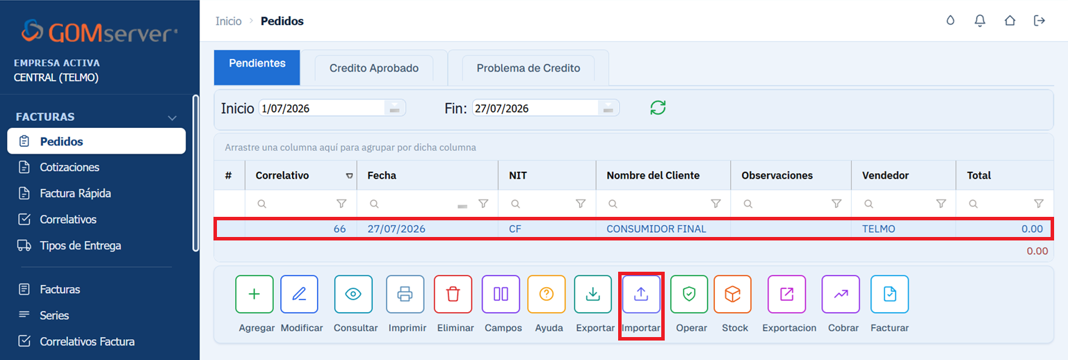 Facturacion Pedido Importar Seleccion
