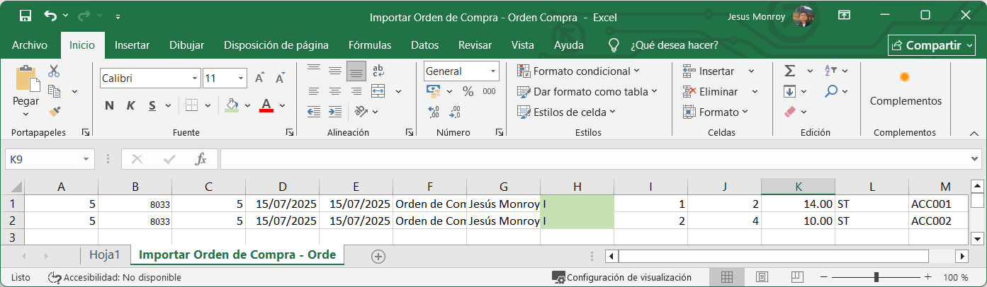 Compra Ordenes Importar Excel