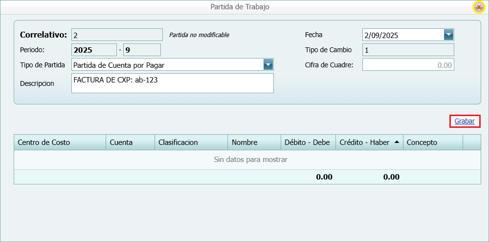 Partidas Partidas de Trabajo Agregar 2