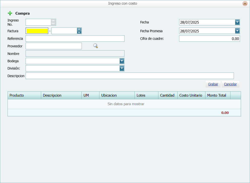 Ingreso con Costo en Blanco