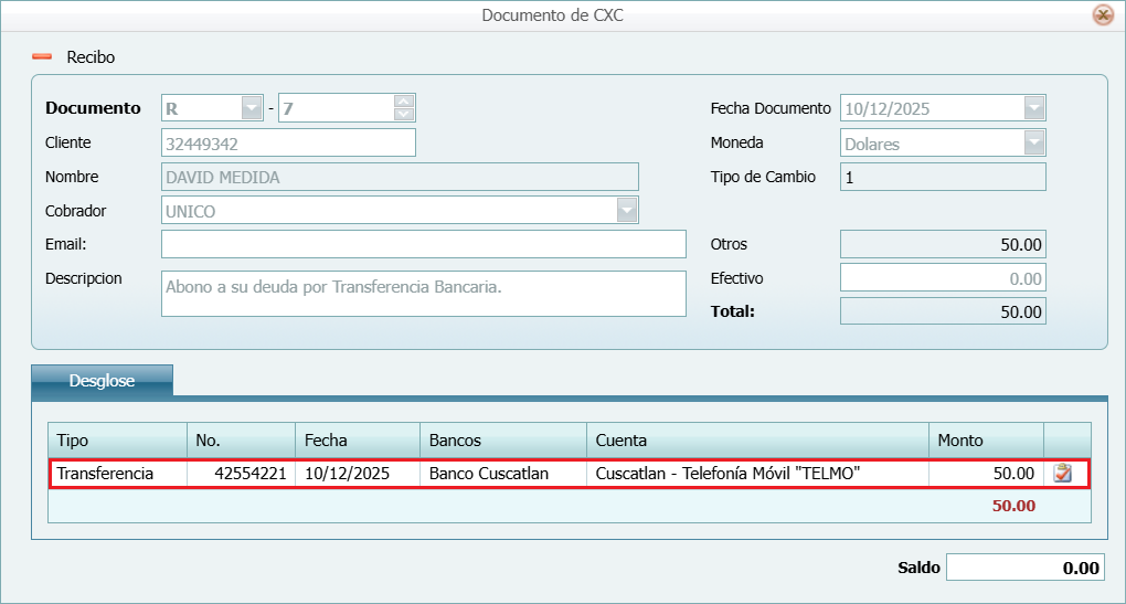 S F Cuenta por Cobrar Movimientos Recibo Anulacion Numero