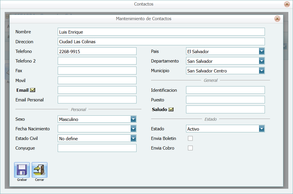 Cuentas por Pagar Proveedor Contactos Ventana Llena