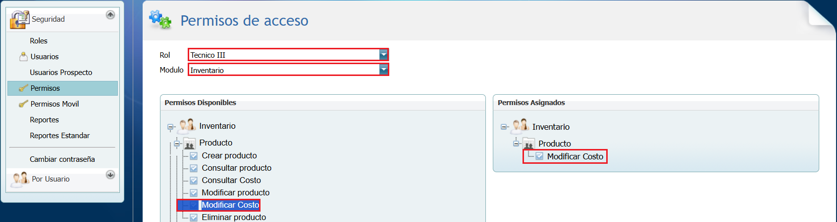 Permisos de Acceso Modificar Costo