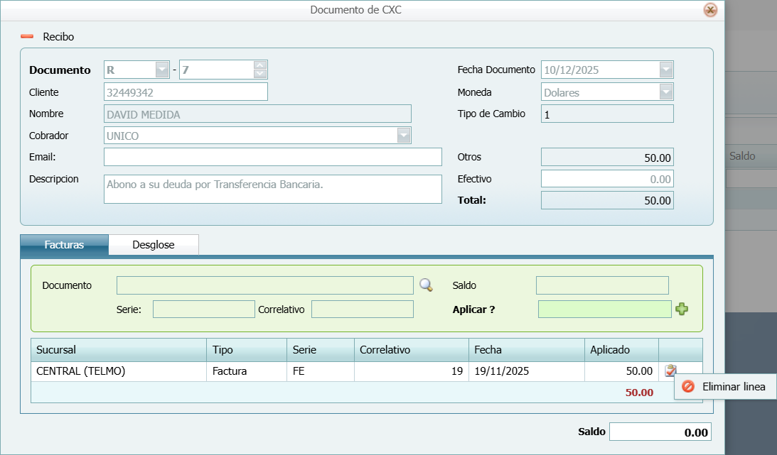 S F Cuenta por Cobrar Movimientos Recibo Factura