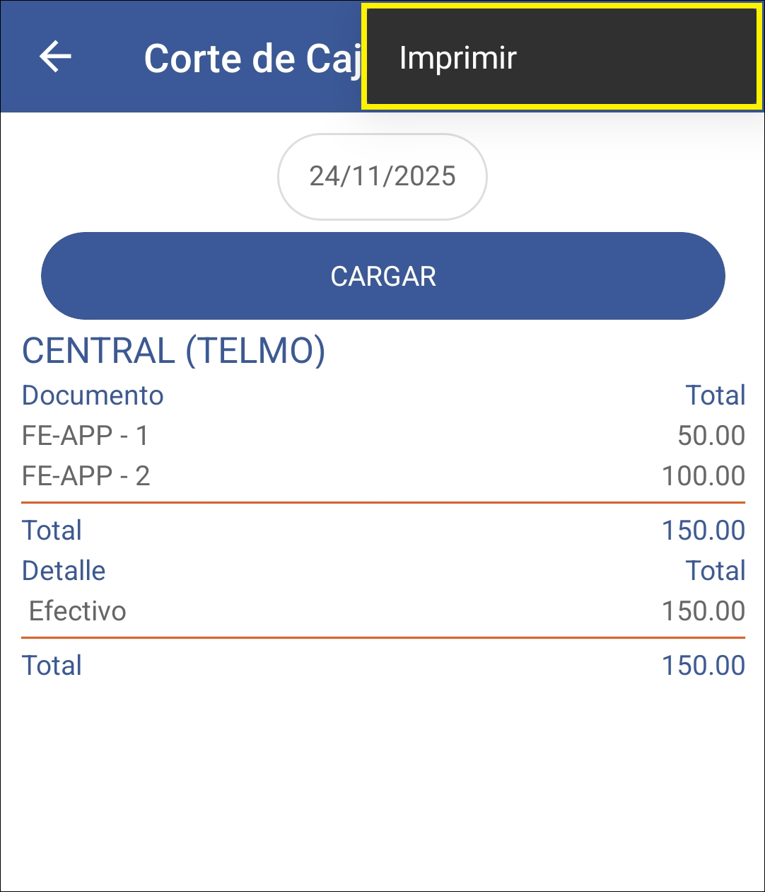 GOMserver App Corte de Caja Ventana Imprimir