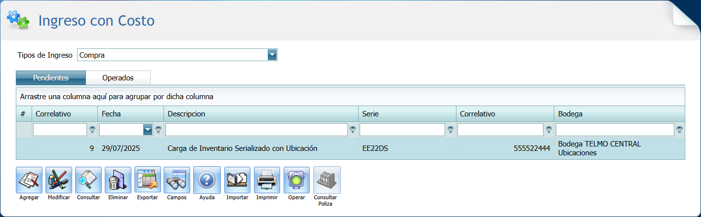 Ingreso con Costo Serializado con Ubicacion Operar