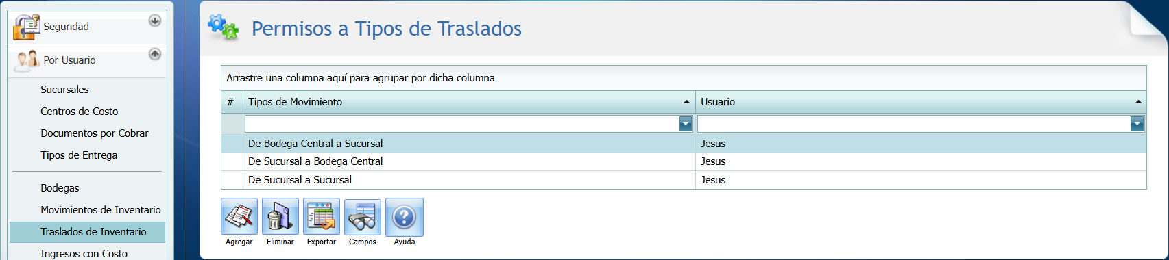 Seguridad Por Usuario Traslados de Inventario