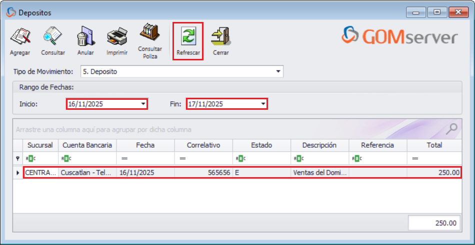GOMserver Windows Deposito Nuevo Creado