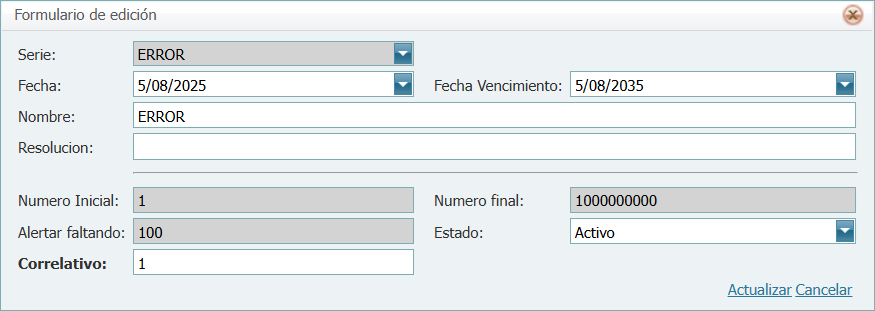 Facturacion Editar Factura Serie Correlativo