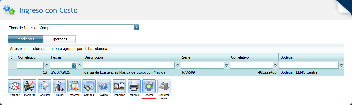 Ingreso con Costo Stock con Medida Operar
