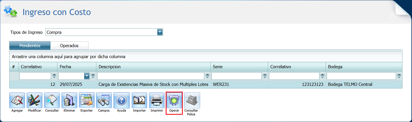 Ingreso con Costo Stock con Multiples Lote Operar