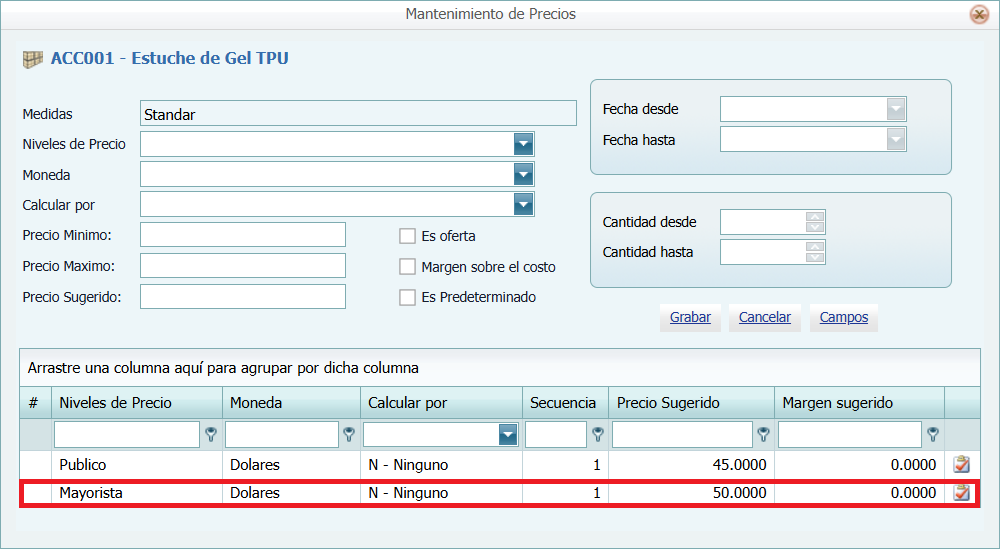 Ventana Precio Mayorista Nuevo Precio