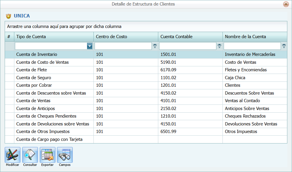 Contabilidad Enlaces Estructura Cuentas por Cobrar Ventana Detalle