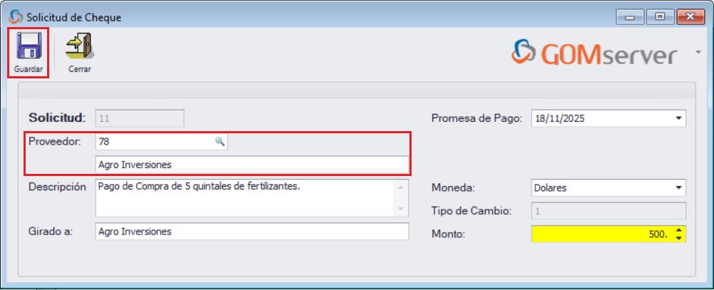 GOMsever Windows Solicitud de Cheque Nuevo Lleno