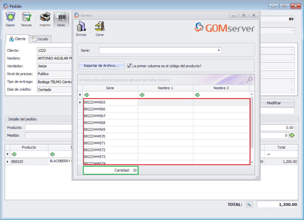 GOM server Pedido Producto Serializado Series Agregadas