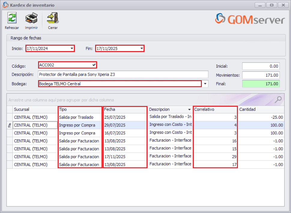 GOMserver Windows Producto Kardex