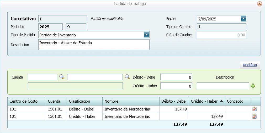 Partidas Partidas de Trabajo Agregar Lleno