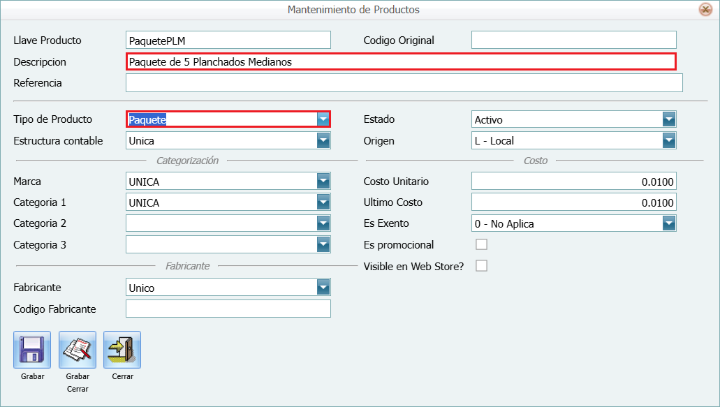 Inventario Producto Paquete Paquete