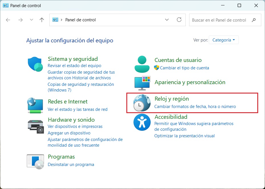 S F Error Punto y Coma Inicio Panel de Control Reloj y Region