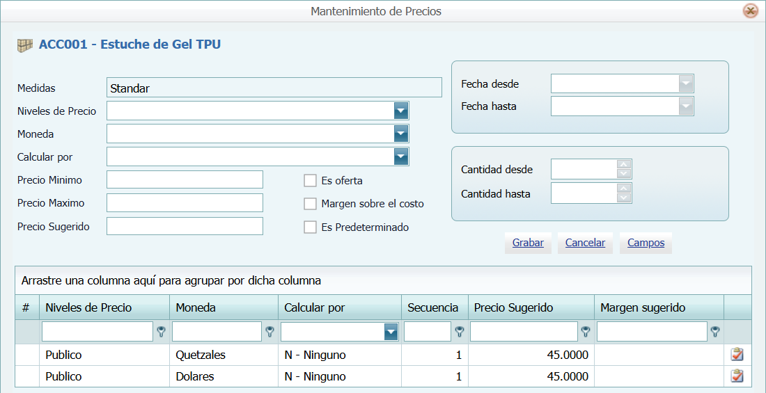 Ventana Precio al Publico
