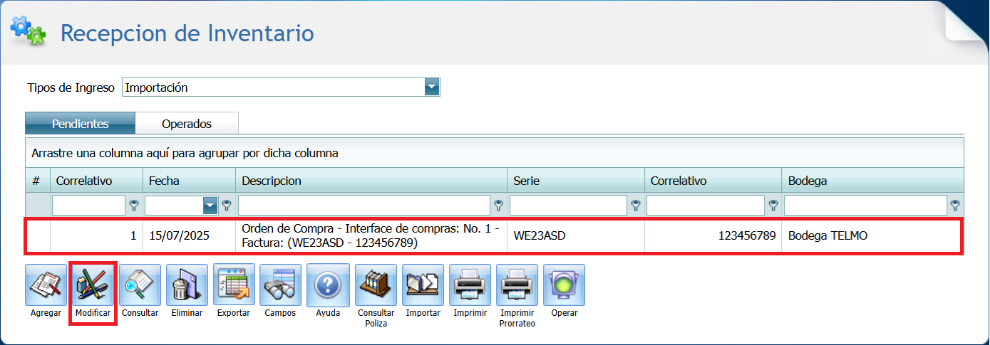 Compra Ordenes Recepcion de Inventario Eliminar