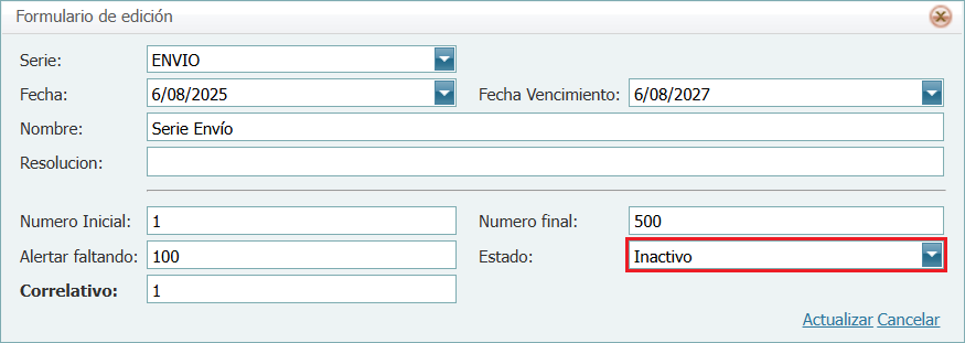 Facturacion Correlativo Lleno Inactivo