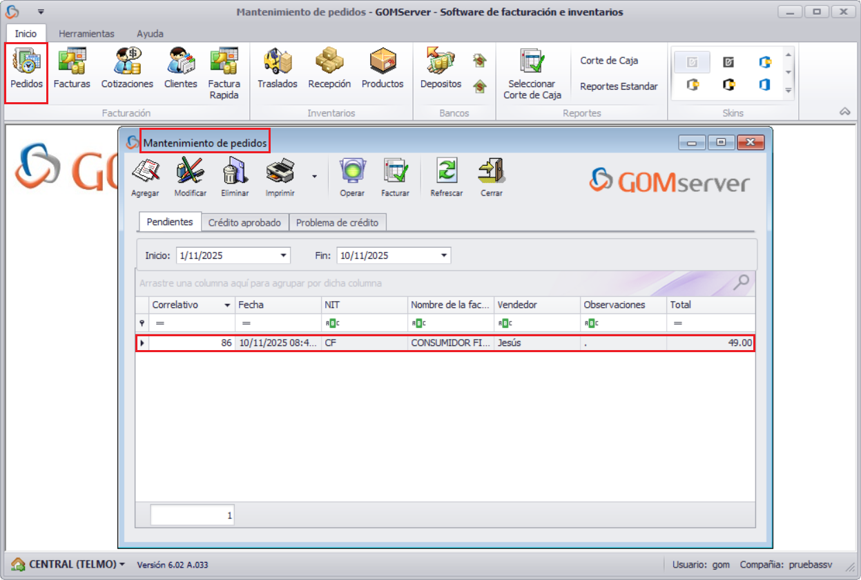 GOM server Pedido No