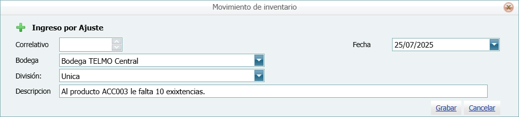 Movimientos Ingreso por Ajuste 1
