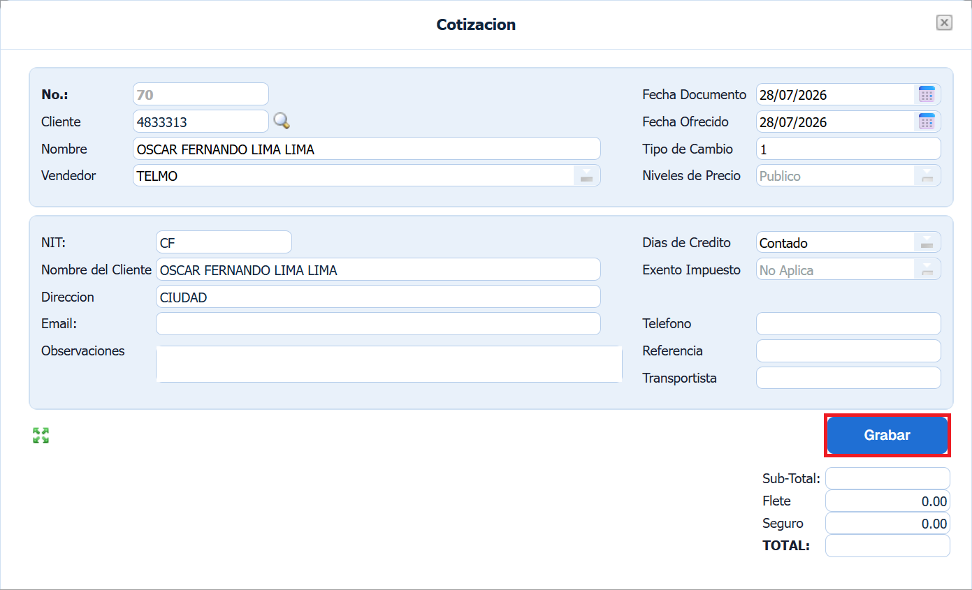Facturacion Cotizaciones Nueva Cliente