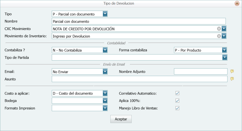 Facturacion Devolucion Tipo Parcial con documento
