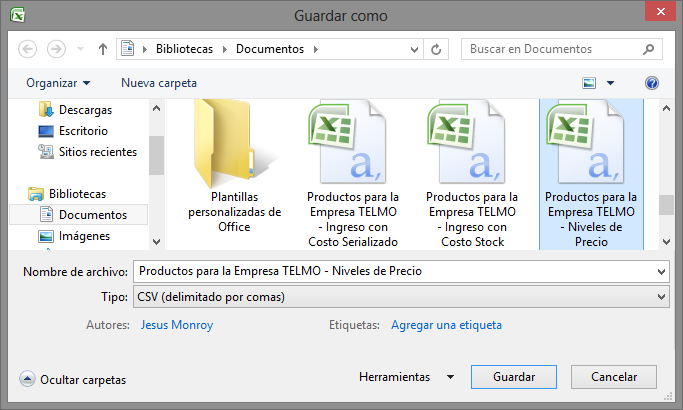 Niveles de Precio - Guardar como CSV Delimitado por comas