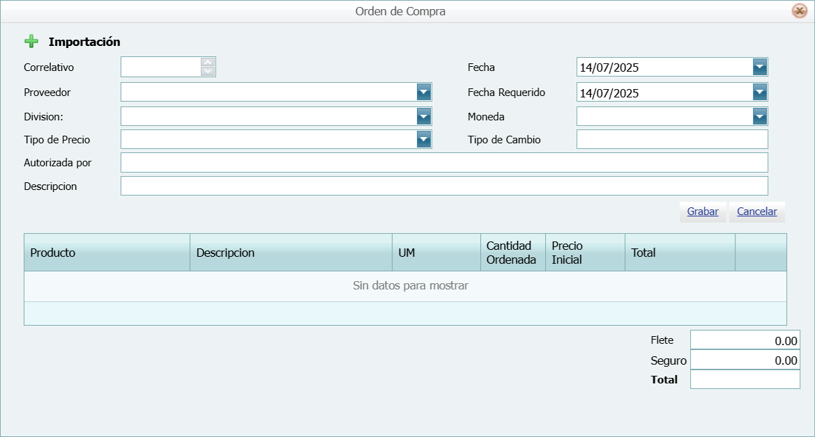 Compra Ordenes Encabezado Nuevo
