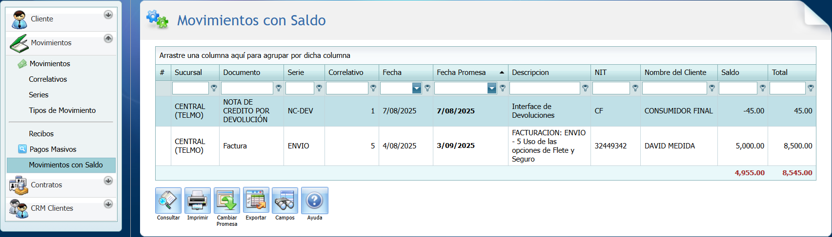 Cuentas por Cobrar Movimiento con Saldo