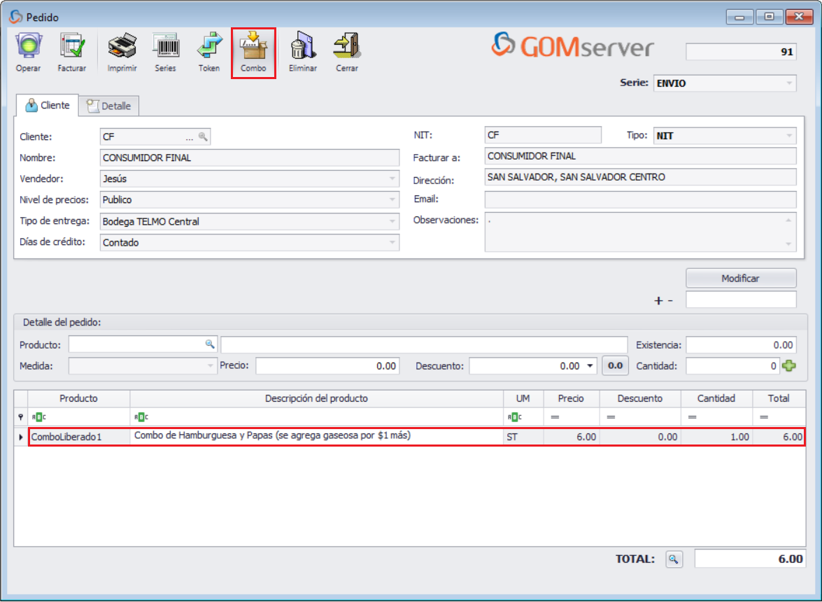 GOM server Pedido Agregar Combo Liberado Completo