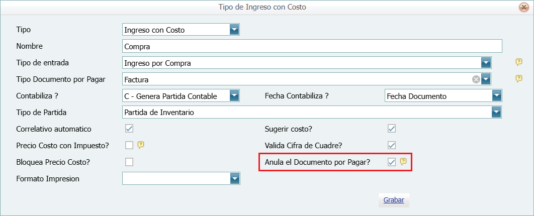 Tipos de Ingreso Documento por Pagar
