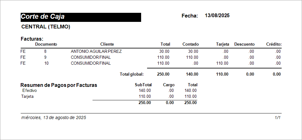 Facturacion Corte de Caja General