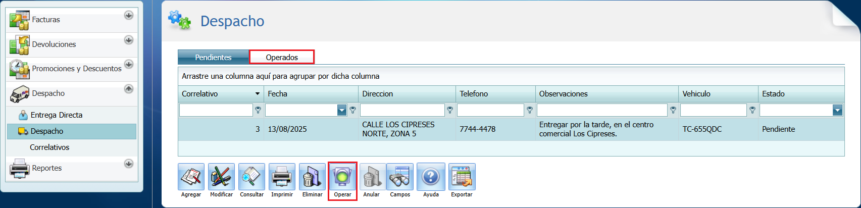 Facturacion Despacho Agregar Documento Operar