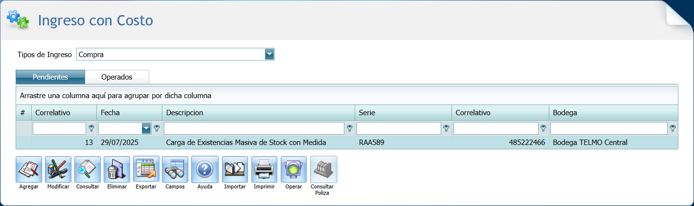 Ingreso con Costo Stock con Medida